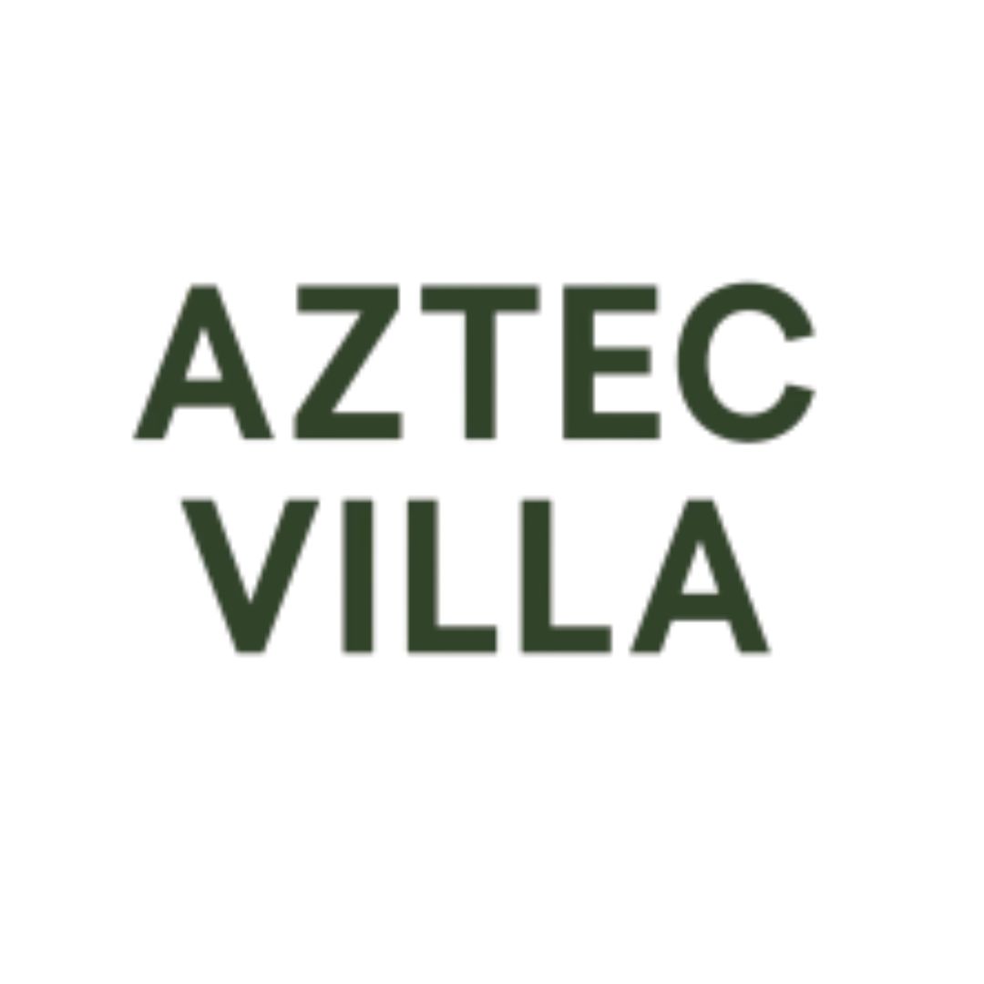 The image displays the words "AZTEC VILLA" in green text.